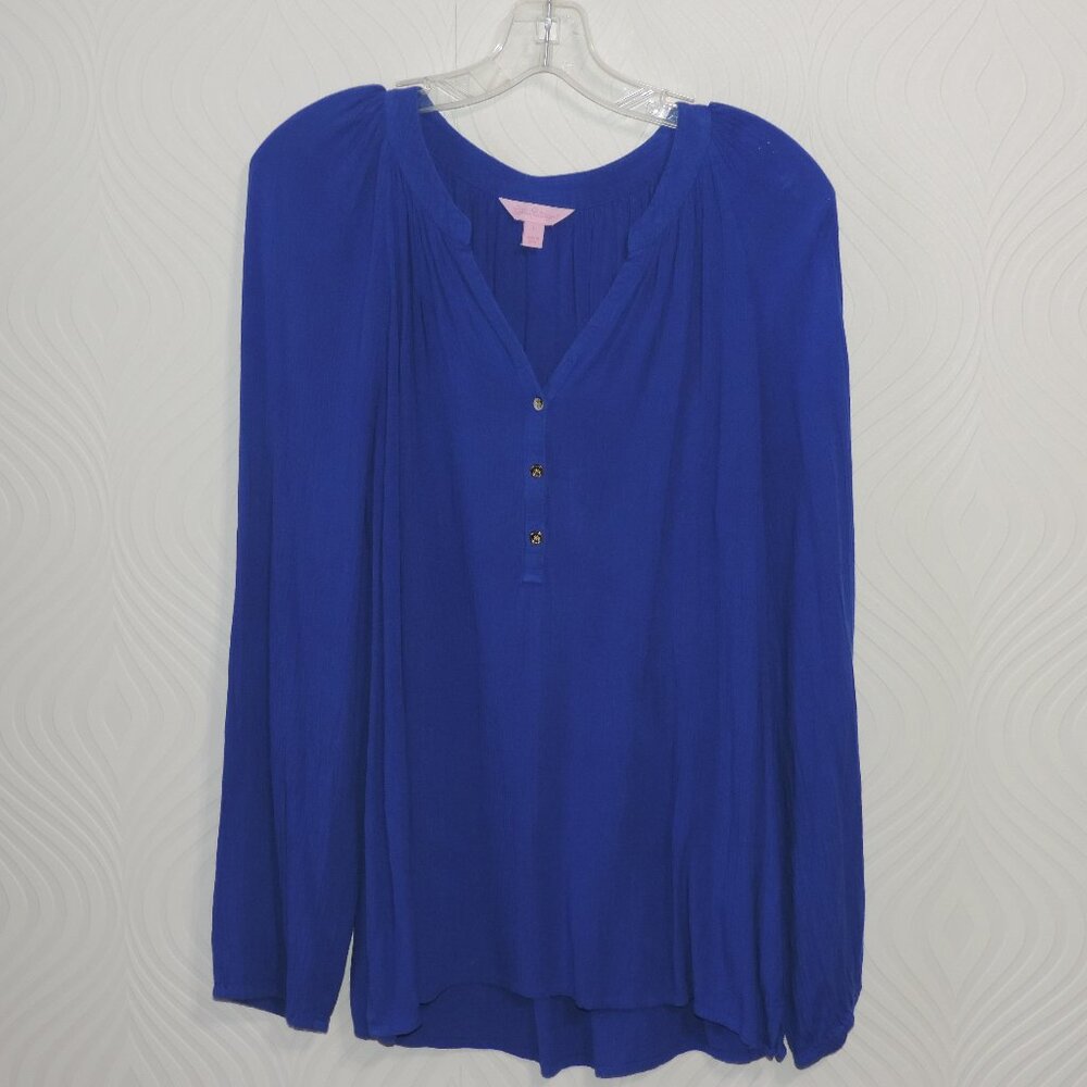 LILLY PULITZER sz L Vibrant Blue Rayon Gauze Elsa Style Blouse